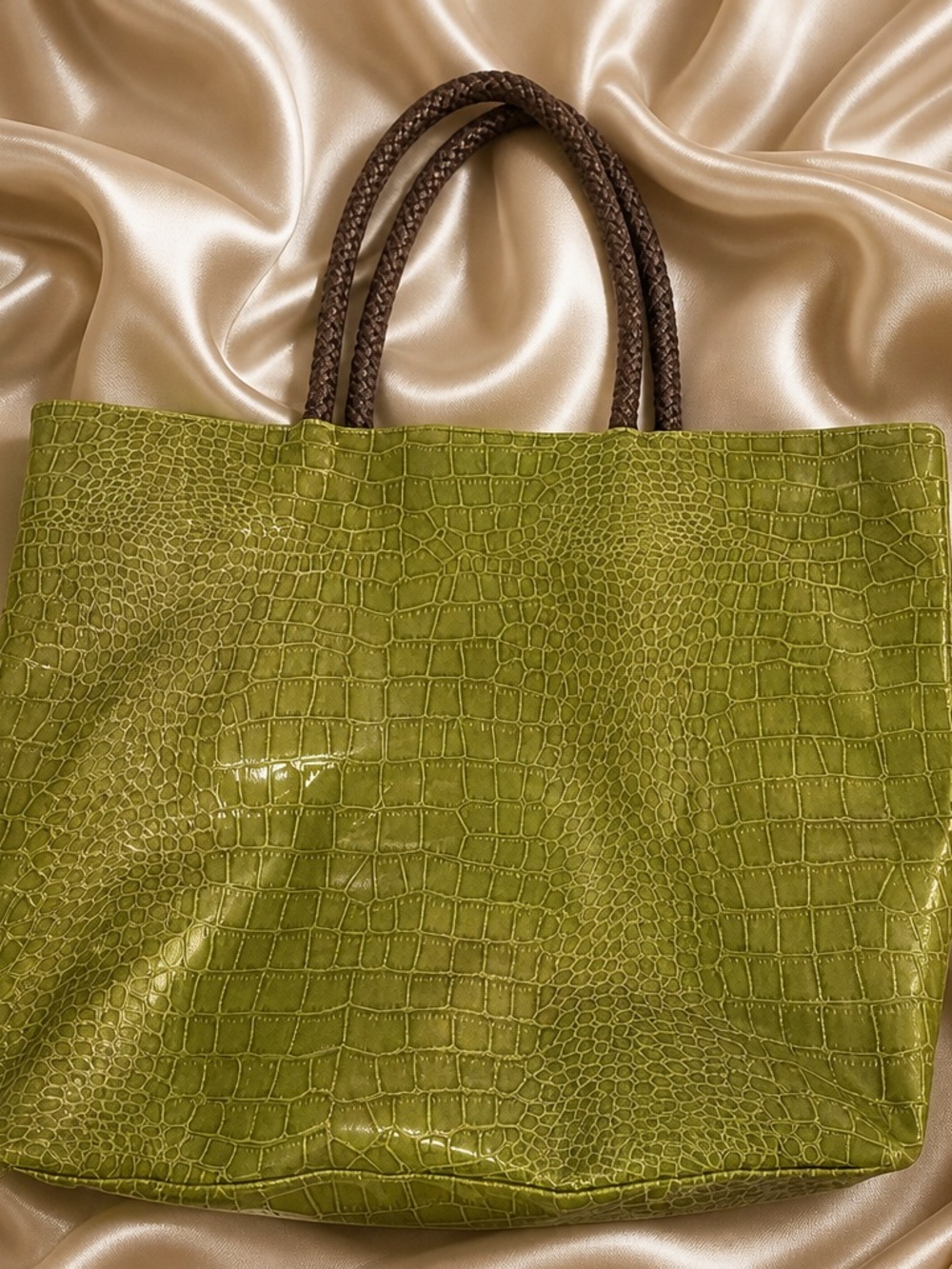 Neiman Marcus Olive Green faux Croc-Embossed Tote with Brown Braided Handles